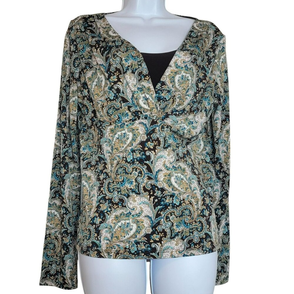 Perseption Concept Blouse, Women M, Brown,Blue & Tan Paisley, Shell,V Neck, EUC